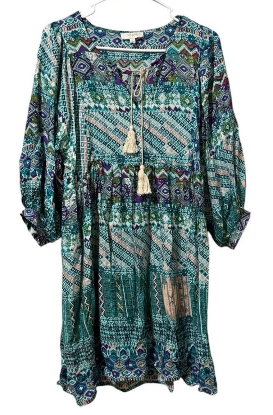 Umgee Size Small Women Dress Boho Short Patchwork Tassels Hippie Cotton Blend